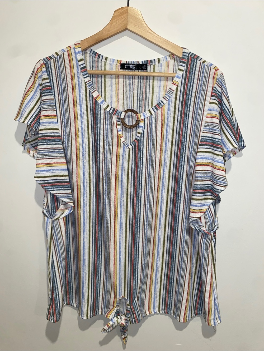 Cato Striped Flutter Sleeve Tie-Hem Top in Multi-Stripe